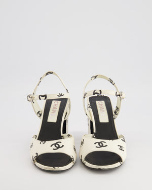 Chanel SS22 White and Black CC Logo Ankle-Strap Heeled Sandals Size EU 38