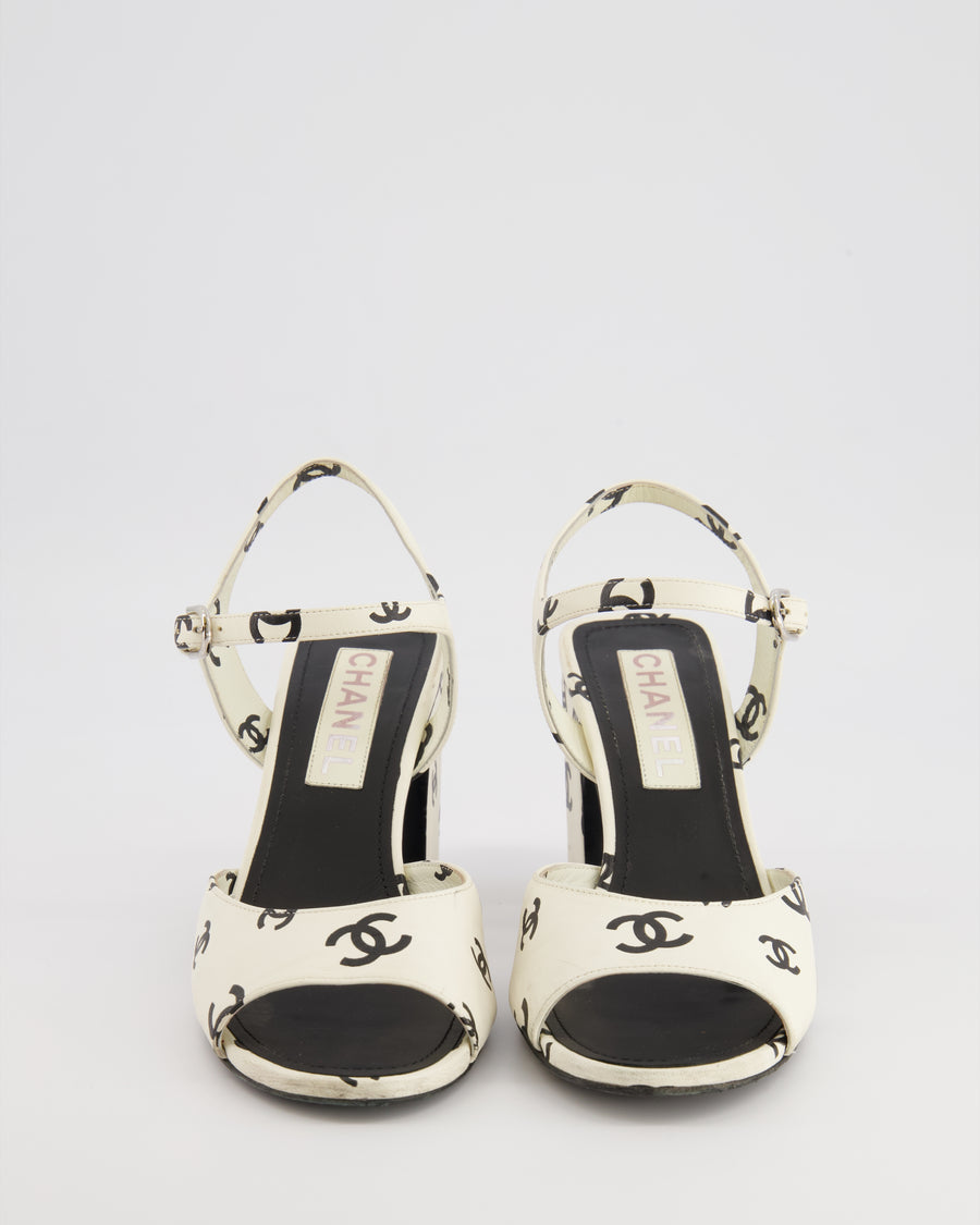 Chanel SS22 White and Black CC Logo Ankle-Strap Heeled Sandals Size EU 38