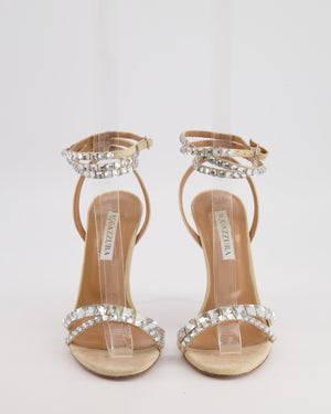 Aquazzura Beige Suede Heeled Sandals with Crystal Embellishments Size EU 37.5