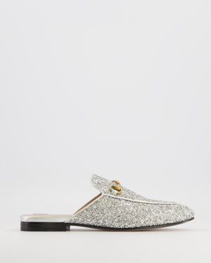 Gucci Silver Glitter Princetown Mules with Gold Hardware Size EU 38.5