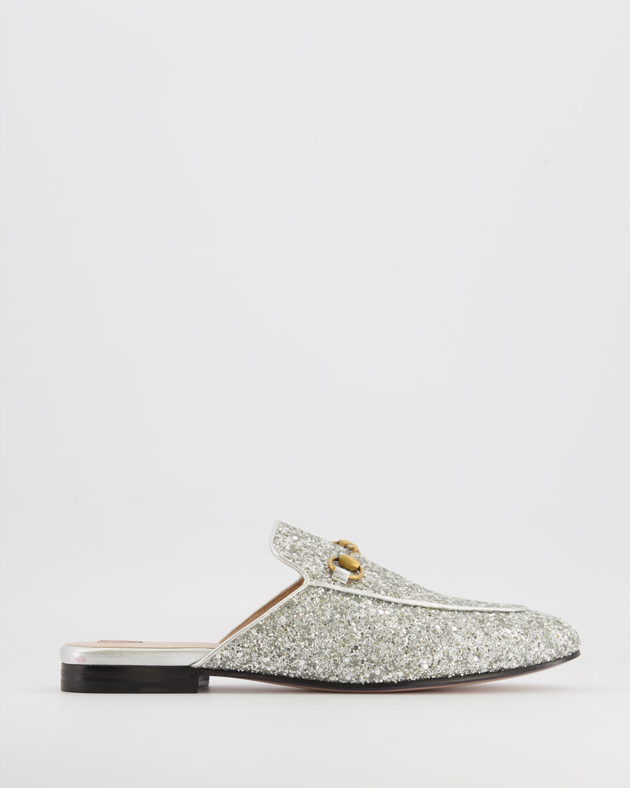 Gucci Silver Glitter Princetown Mules with Gold Hardware Size EU 38.5