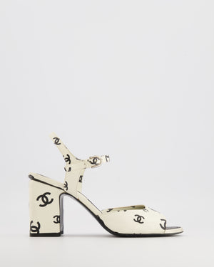Chanel SS22 White and Black CC Logo Ankle-Strap Heeled Sandals Size EU 38