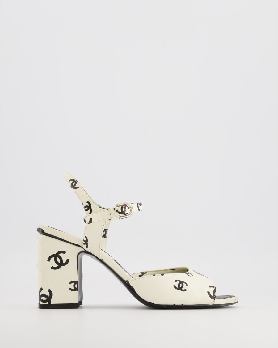 Chanel SS22 White and Black CC Logo Ankle-Strap Heeled Sandals Size EU 38