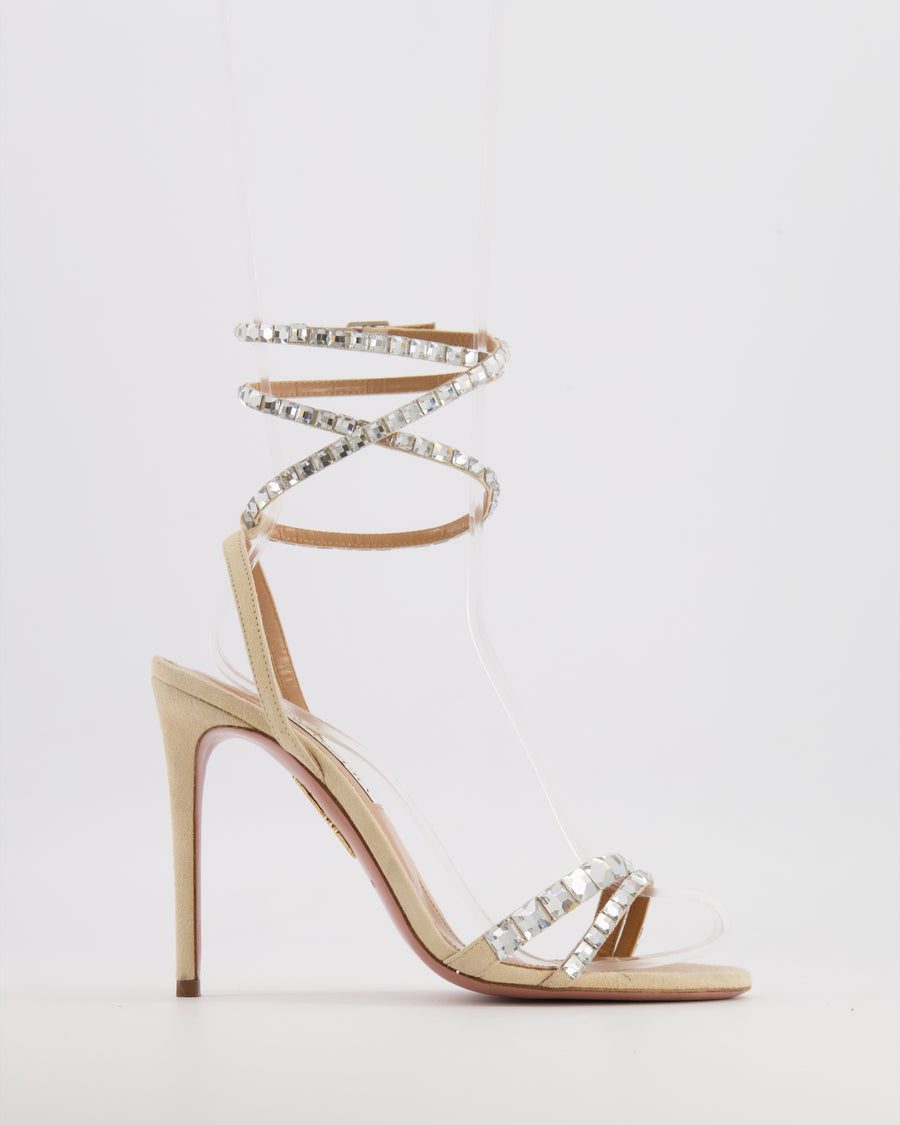 Aquazzura Beige Suede Heeled Sandals with Crystal Embellishments Size EU 37.5
