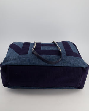 Chanel Denim Blue Logo Maxi Deauville Chain Tote Bag with Silver Hardware