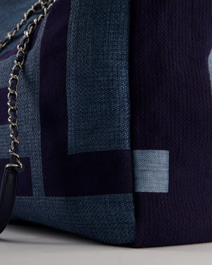 Chanel Denim Blue Logo Maxi Deauville Chain Tote Bag with Silver Hardware