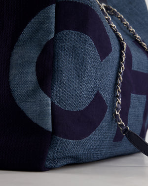 Chanel Denim Blue Logo Maxi Deauville Chain Tote Bag with Silver Hardware
