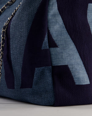 Chanel Denim Blue Logo Maxi Deauville Chain Tote Bag with Silver Hardware