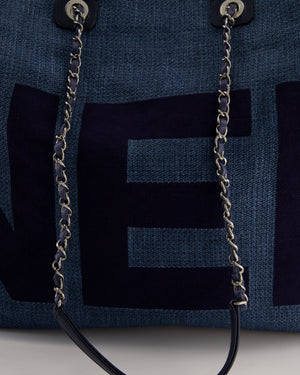 Chanel Denim Blue Logo Maxi Deauville Chain Tote Bag with Silver Hardware