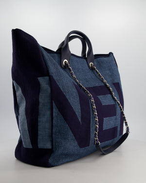Chanel Denim Blue Logo Maxi Deauville Chain Tote Bag with Silver Hardware