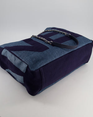 Chanel Denim Blue Logo Maxi Deauville Chain Tote Bag with Silver Hardware