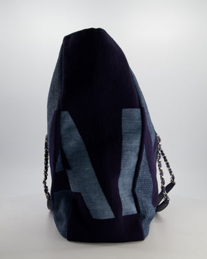 Chanel Denim Blue Logo Maxi Deauville Chain Tote Bag with Silver Hardware