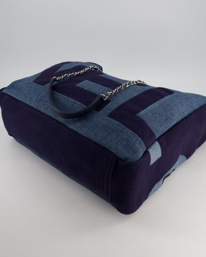 Chanel Denim Blue Logo Maxi Deauville Chain Tote Bag with Silver Hardware
