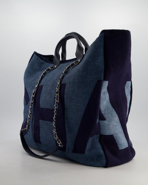 Chanel Denim Blue Logo Maxi Deauville Chain Tote Bag with Silver Hardware