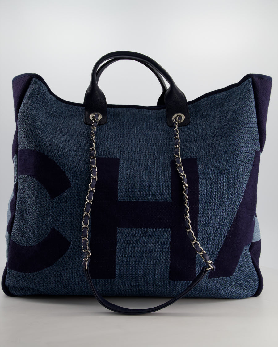 Chanel Denim Blue Logo Maxi Deauville Chain Tote Bag with Silver Hardware