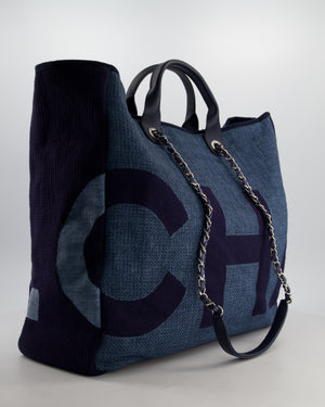 Chanel Denim Blue Logo Maxi Deauville Chain Tote Bag with Silver Hardware