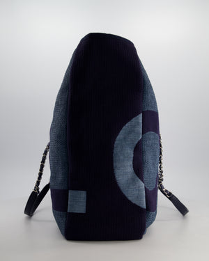 Chanel Denim Blue Logo Maxi Deauville Chain Tote Bag with Silver Hardware
