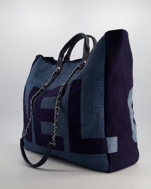 Chanel Denim Blue Logo Maxi Deauville Chain Tote Bag with Silver Hardware