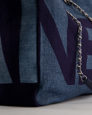 Chanel Denim Blue Logo Maxi Deauville Chain Tote Bag with Silver Hardware