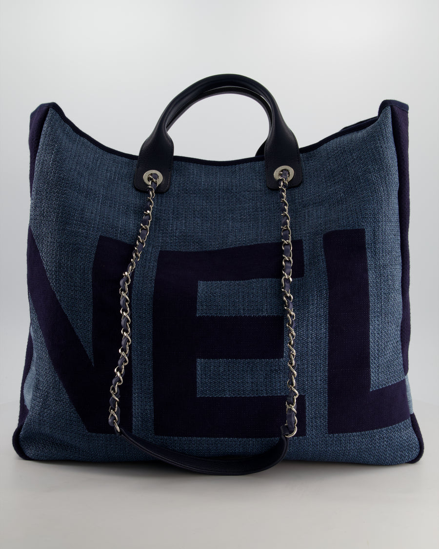 Chanel Denim Blue Logo Maxi Deauville Chain Tote Bag with Silver Hardware