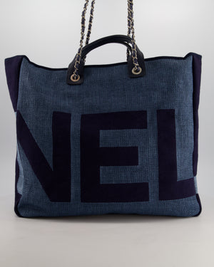 Chanel Denim Blue Logo Maxi Deauville Chain Tote Bag with Silver Hardware