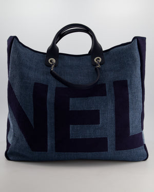 Chanel Denim Blue Logo Maxi Deauville Chain Tote Bag with Silver Hardware