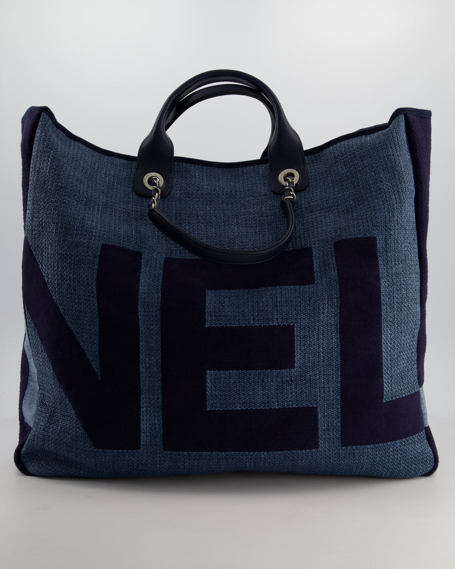 Chanel Denim Blue Logo Maxi Deauville Chain Tote Bag with Silver Hardware