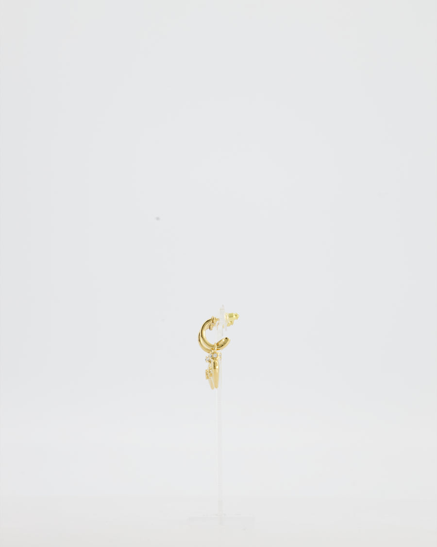 Chanel 24P Gold Heart Pendant Earrings with CC Logo & Crystal Details