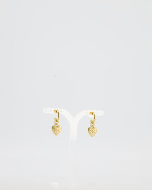 Chanel 24P Gold Heart Pendant Earrings with CC Logo & Crystal Details