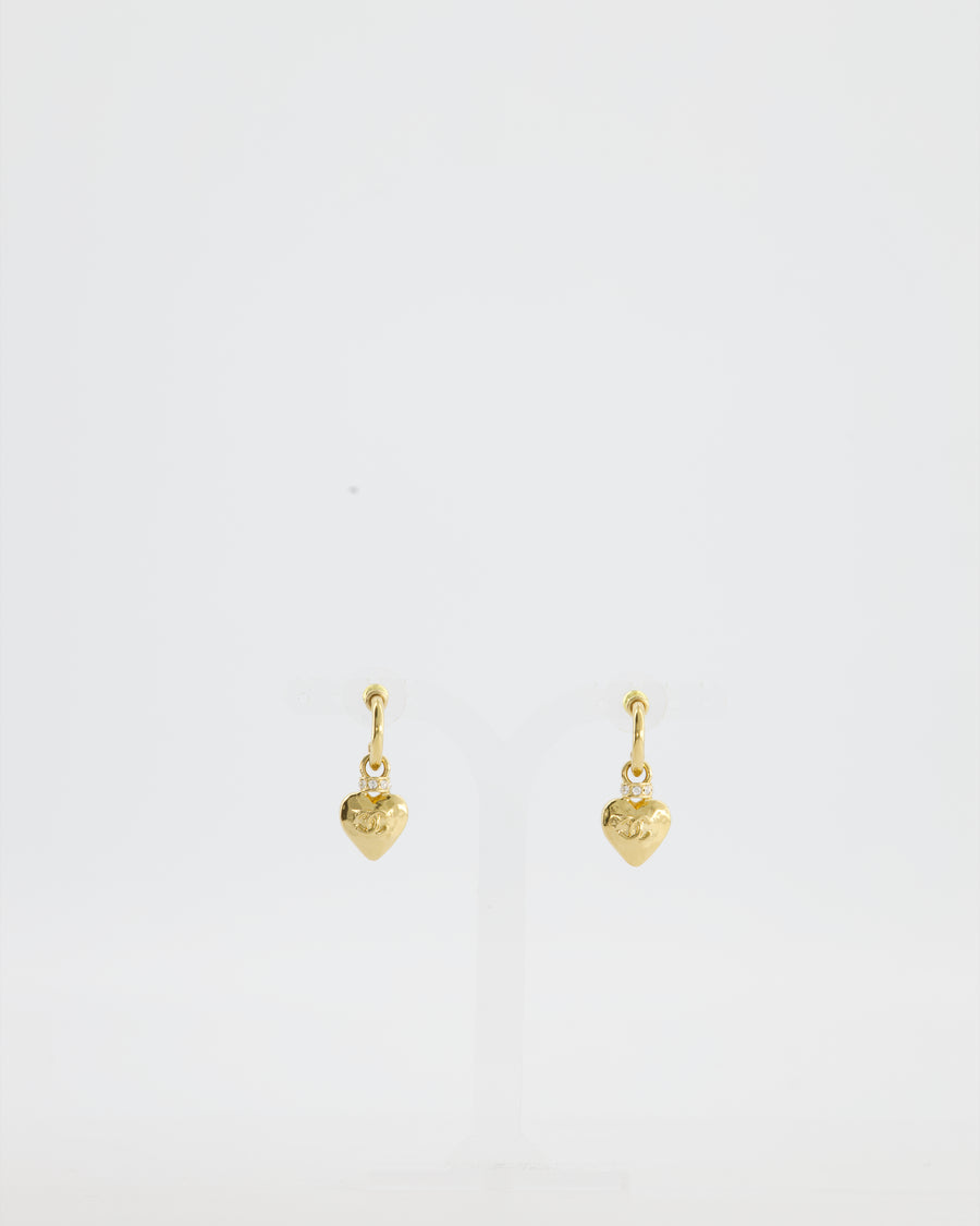 Chanel 24P Gold Heart Pendant Earrings with CC Logo & Crystal Details