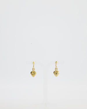 Chanel 24P Gold Heart Pendant Earrings with CC Logo & Crystal Details