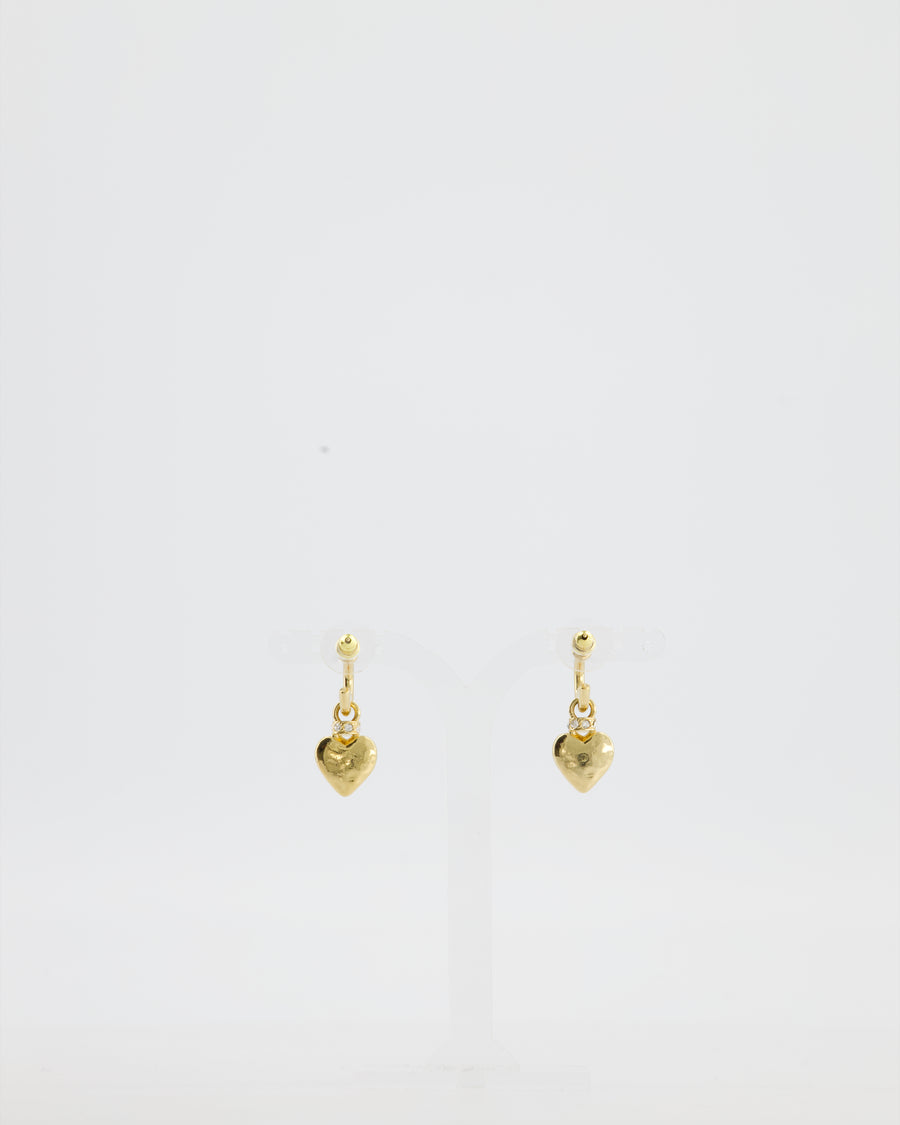 Chanel 24P Gold Heart Pendant Earrings with CC Logo & Crystal Details