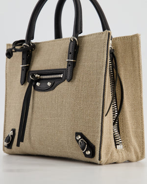 Balenciaga Beige Canvas Mini Papier A4 Tote Bag with a Black Trim and Silver Hardware