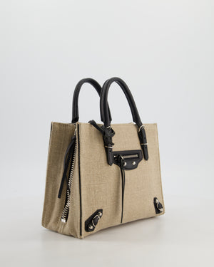Balenciaga Beige Canvas Mini Papier A4 Tote Bag with a Black Trim and Silver Hardware