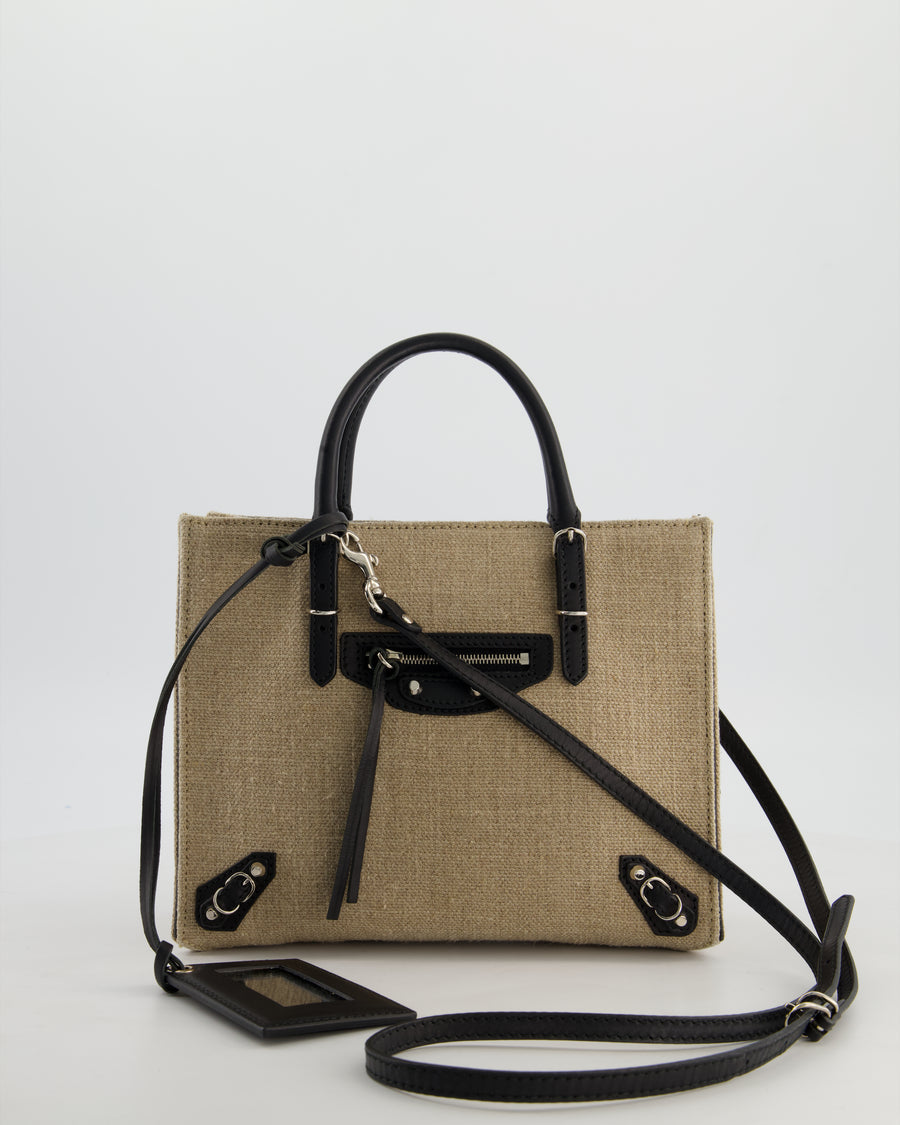 Balenciaga Beige Canvas Mini Papier A4 Tote Bag with a Black Trim and Silver Hardware