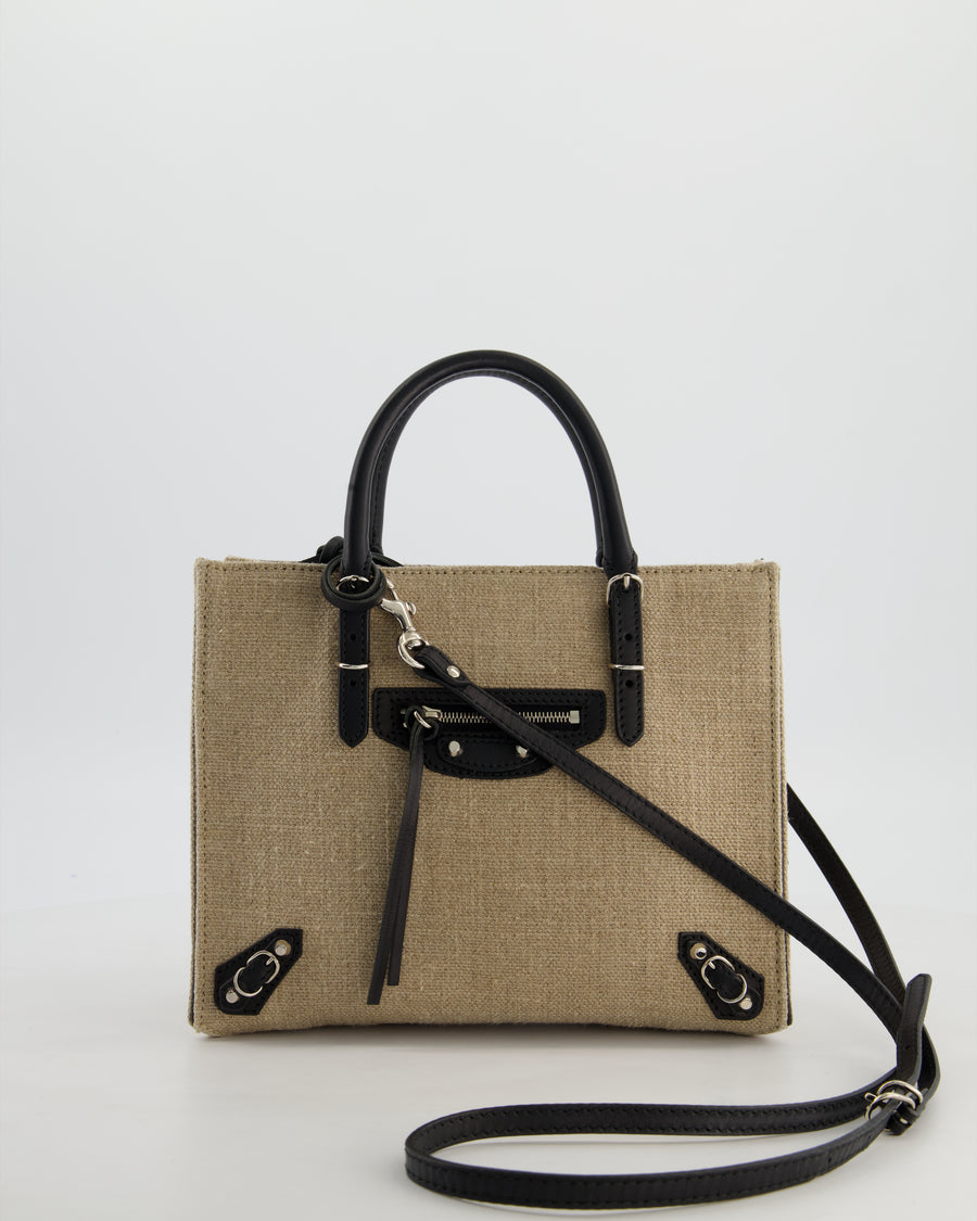 Balenciaga Beige Canvas Mini Papier A4 Tote Bag with a Black Trim and Silver Hardware
