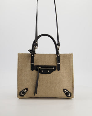 Balenciaga Beige Canvas Mini Papier A4 Tote Bag with a Black Trim and Silver Hardware