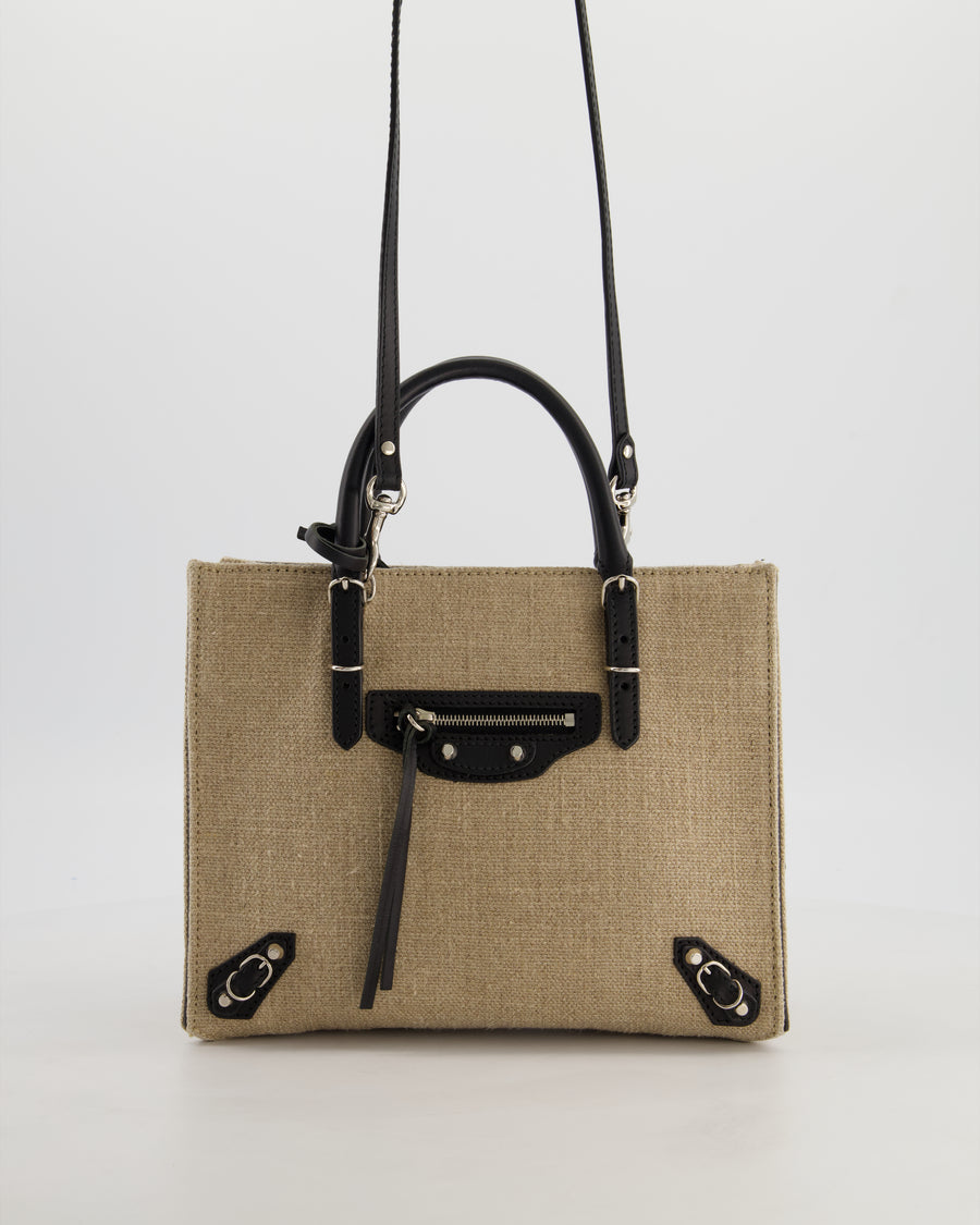 Balenciaga Beige Canvas Mini Papier A4 Tote Bag with a Black Trim and Silver Hardware