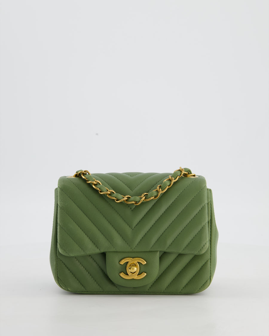 Chanel Olive Green Chevron Lambskin Leather Mini Square Classic Flap Bag with Gold Hardware