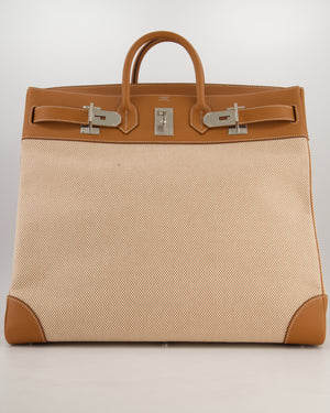 *RARE* Hermès Haut à Courroies HAC 50 Bag in Gold Evercolour Leather &  Écru/Beige Toile Cross Canvas with Palladium Hardware