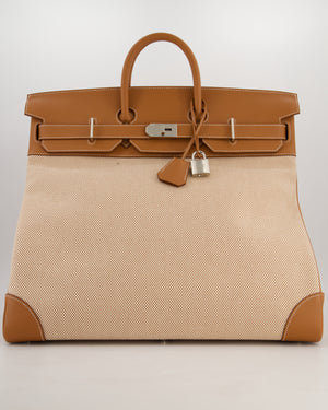 *RARE* Hermès Haut à Courroies HAC 50 Bag in Gold Evercolour Leather &  Écru/Beige Toile Cross Canvas with Palladium Hardware