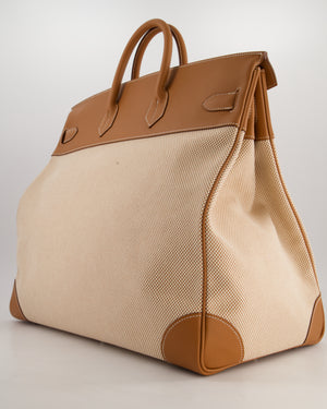 *RARE* Hermès Haut à Courroies HAC 50 Bag in Gold Evercolour Leather &  Écru/Beige Toile Cross Canvas with Palladium Hardware