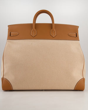*RARE* Hermès Haut à Courroies HAC 50 Bag in Gold Evercolour Leather &  Écru/Beige Toile Cross Canvas with Palladium Hardware
