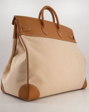 *RARE* Hermès Haut à Courroies HAC 50 Bag in Gold Evercolour Leather &  Écru/Beige Toile Cross Canvas with Palladium Hardware