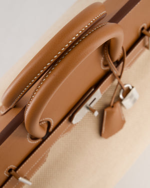 *RARE* Hermès Haut à Courroies HAC 50 Bag in Gold Evercolour Leather &  Écru/Beige Toile Cross Canvas with Palladium Hardware