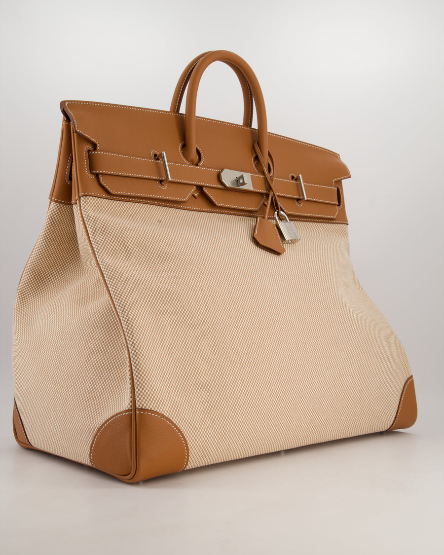 *RARE* Hermès Haut à Courroies HAC 50 Bag in Gold Evercolour Leather &  Écru/Beige Toile Cross Canvas with Palladium Hardware