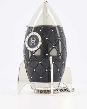 *COLLECTOR'S PIECE* Chanel FW17 Runway Black Plexiglass Rocket Ship Bag with Silver Hardware and Crystal Details