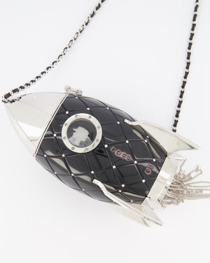 *COLLECTOR'S PIECE* Chanel FW17 Runway Black Plexiglass Rocket Ship Bag with Silver Hardware and Crystal Details