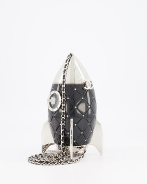 *COLLECTOR'S PIECE* Chanel FW17 Runway Black Plexiglass Rocket Ship Bag with Silver Hardware and Crystal Details