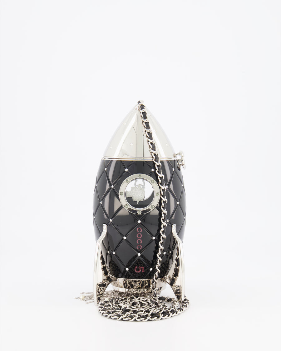 *COLLECTOR'S PIECE* Chanel FW17 Runway Black Plexiglass Rocket Ship Bag with Silver Hardware and Crystal Details